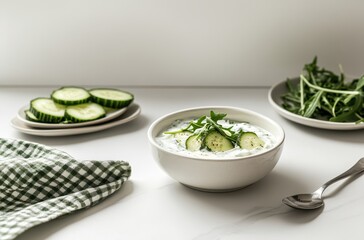 Fresh and Healthy Cucumber Salad with Creamy Dressing, Fresh Greens, and Rustic Checkered Napkin on Neutral Background