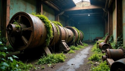 Weathered industrial machinery covered in rusty vines and moss, with heavy machinery parts scattered around, dimly lit by overhead lighting, texture, industrial