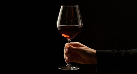 Elegant hand holding a glass of red wine against a dark background, perfect for wine tasting and luxury dining concepts.