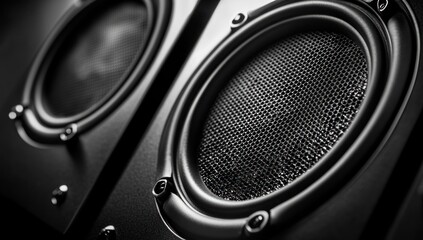 Close-up of Black Stereo Speakers, High-Fidelity Audio Equipment, Powerful Sound System, Detailed Texture, Monochrome Photography, Music Production, Professional Audio, Studio Equipment