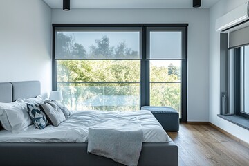 A modern bedroom showcases a spacious bed and expansive view