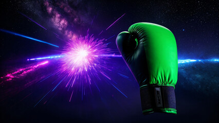 Vibrant neon glowing boxing gloves resting before a dramatic explosive splash with vivid colors intense energy powerful impact and dynamic action sports-inspired visual effect
