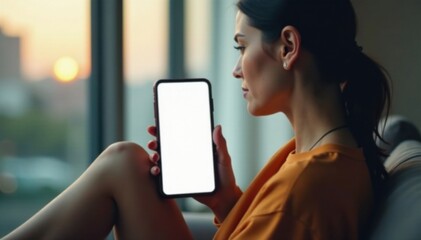 Woman sitting alone with blank mobile screen in hand, lost in thought, woman, contemplation