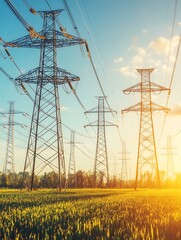Power transmission towers and lines stretch across a sunny field