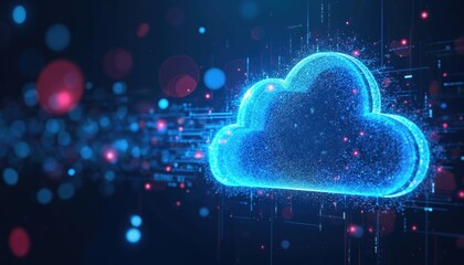 Abstract cloud computing concept with digital cloud shape. Modern tech, data management, storage, and secure server services. Innovation, transformation, and digital tech solutions.