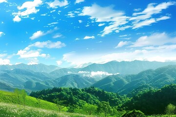Naklejka premium World Environment Day concept: Green mountains and beautiful sky clouds under the blue sky