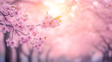 Soft pink blossoms on a branch against a blurred background with a bright light source