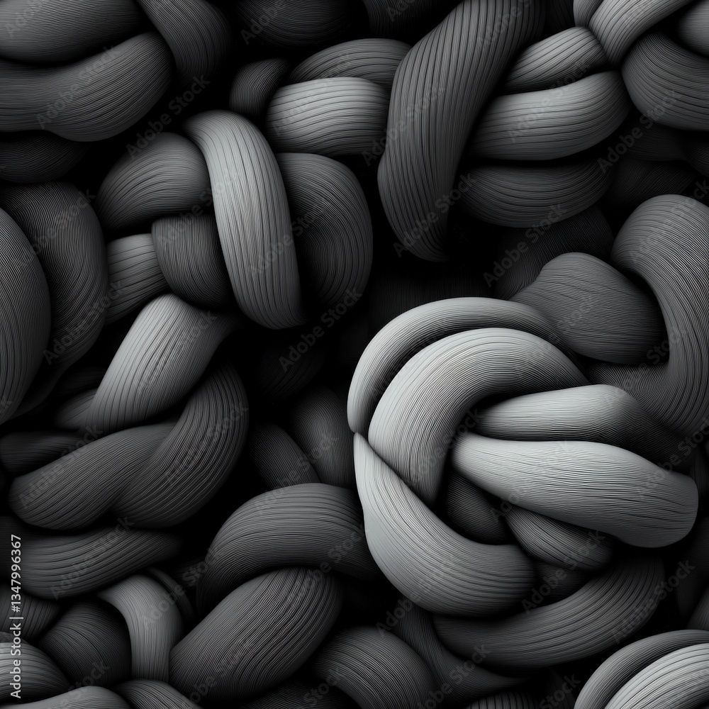 Poster abstract image of densely packed interwoven grayscale fabric like knots creating a complex texture a