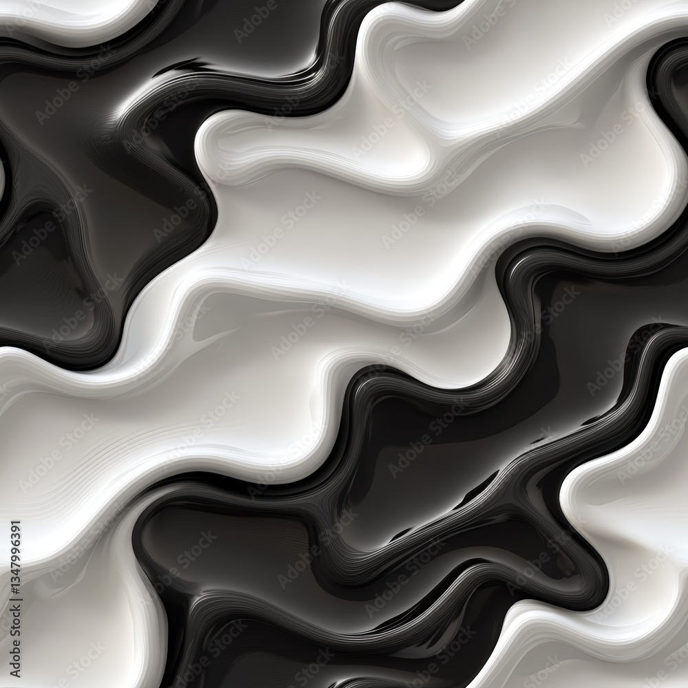 Poster abstract image of flowing glossy black and white liquid creating a captivating wave-like pattern wit
