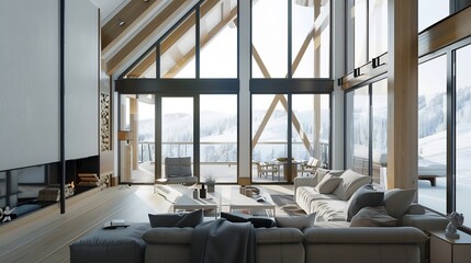 Side view of luxurious Scandinavian style loft living space large windows cozy textiles stylish furniture white isolated background