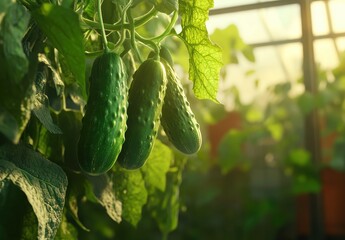 Fresh and vibrant cucumbers growing on lush green vines inside a sunny greenhouse showcasing agricultural productivity and delicious harvest potential