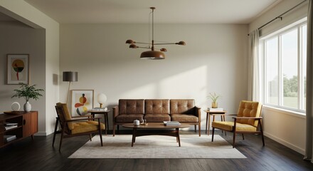 Modern Mid-Century Living Room with Vintage Furniture and Natural Light, Ideal for Interior Design Inspiration