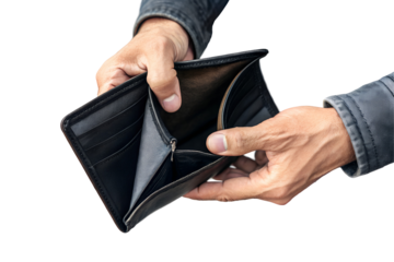 Empty Black Wallet in Male Hands Isolated on Transparent Background