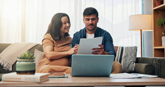 Couple, pregnancy and paperwork for finance in home, sofa and happy with results, investment or savings. People, man and pregnant woman with planning, laptop and smile for financial freedom in house