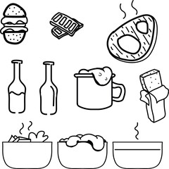 A cartoon set of various household items, food and drink. Among the items are a sandwich, a chocolate bar, a candy bar, a piece of meat, bottles, a mug and plates.