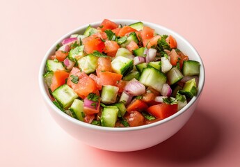 Fresh and Vibrant Vegetable Salad with Tomato, Cucumber, Onion, and Green Herbs in a White Bowl Against a Soft Pink Background