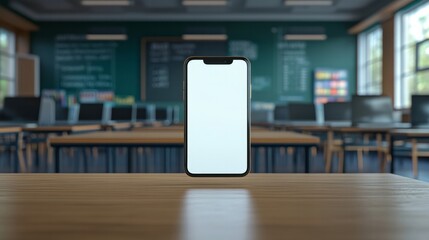 Smartphone rests on a desk in a classroom environment