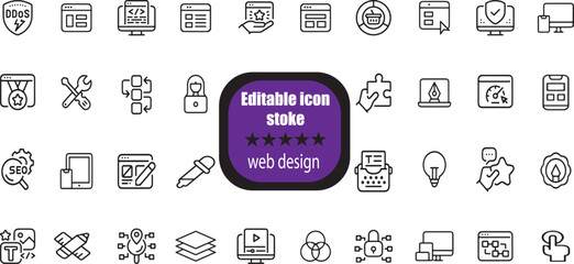 outline icons related to web design. Linear icon collection. Editable stroke