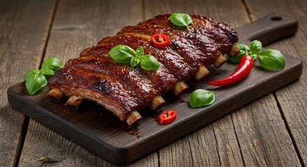 Glazed ribs on wood - Rich, savory flavor suggests culinary delight - Food blog post or recipe promotion.