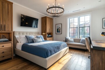 A modern bedroom with furniture and natural light from the window