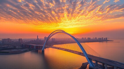 Sunset over the magnificent Haiwan Bridge in China, a breathtaking view of modern architecture and nature's beauty.