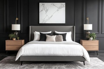 A luxurious modern bedroom displays decor and comfortable bedding