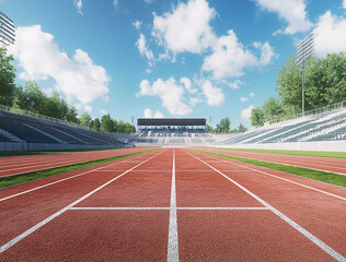 Obraz premium A vibrant track and field stadium under a bright cloudy sky with empty stands awaiting spectators