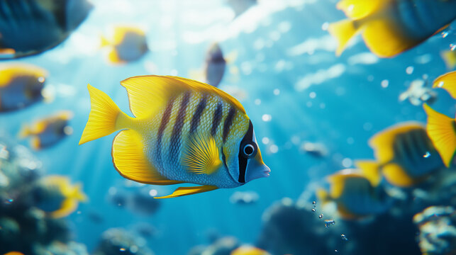 A colorful fish swims in a tank with other fis