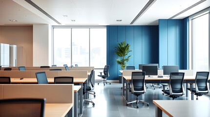 Modern, Bright Office Space: White Desks and Blue Accent Wall