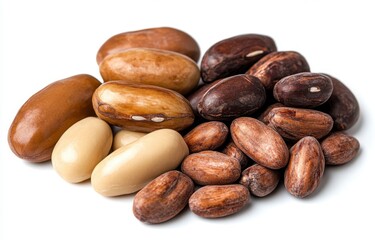 Obraz premium Close up view of a variety of dried beans in brown, beige, and light brown shades, arranged on a white background.