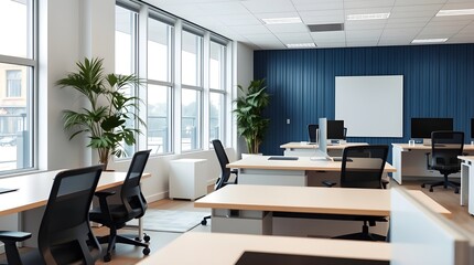Modern, Bright Office Space: White Desks and Blue Accent Wall