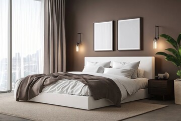 A modern bedroom interior featuring bed curtains and plants