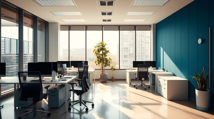 Fototapeta premium Modern, Bright Office Space: White Desks and Blue Accent Wall