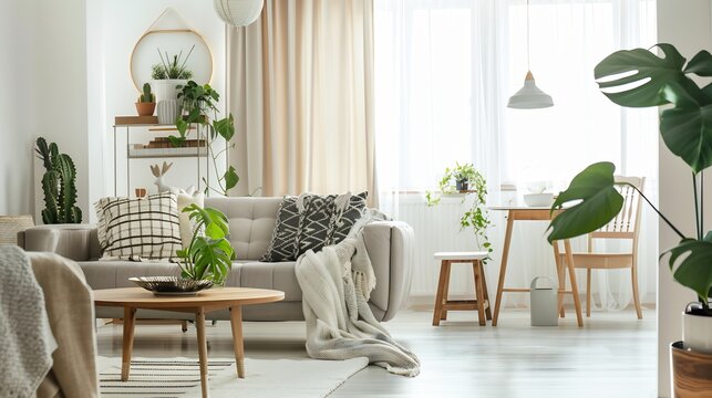 Small cozy apartment living room bright natural light multi purpose furniture indoor plants comfortable setting white background