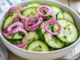 Fresh Cucumber Salad with Red Onion, Herbs, Black Pepper, and Dressing Served in a White Bowl on Light Wooden Surface