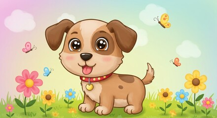Cute Cartoon Puppy in Colorful Spring Meadow with Flowers and Butterflies, Perfect for Children's Illustration and Decor