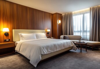 A luxuriously furnished hotel bedroom showcases elegant interior design details