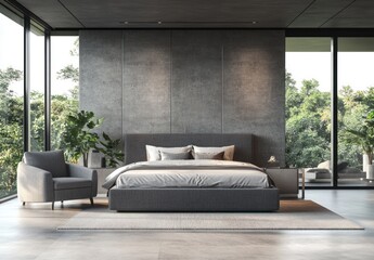Modern master bedroom features a stylish bed and armchair by windows