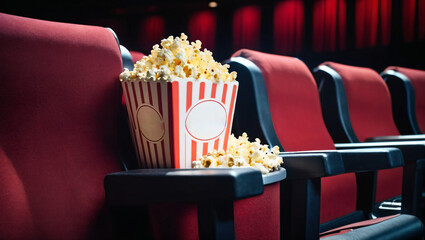 Dynamic concept of box of popcorn in a movie theatre surrounded by pile of popcorns. Advertisement movie film concept for snacks and food. Fresh tasty deliicious popcorn.
