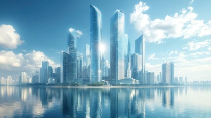 Fototapeta premium Stunning Skyline Reflection: Modern Cityscape at Sunrise