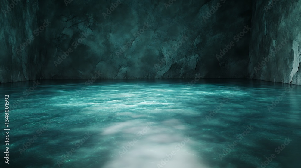 Poster a serene, dark cavern with turquoise water reflecting light, creating an ethereal atmosphere of tran