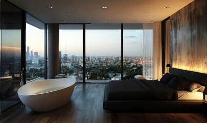 Modern Bedroom Suite Featuring a Luxury Bathtub and City View