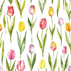 Obraz premium Seamless watercolor colorful tulips pattern drawing abstract illustration on white background