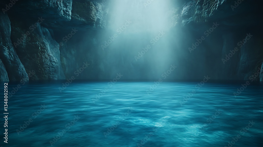 Aufkleber A serene underwater cave with shimmering blue water illuminated by shafts of light filtering from above.