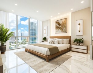Modern bedroom with large windows overlooking a city skyline view