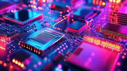 Obraz premium Neon Circuit Board: A Close-Up of Microchips and Technology