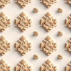 Ornate Light Beige Three-Dimensional Floral Patterns on Creamy White Background in Repeat Design for Elegant Decor and Artistic Creations