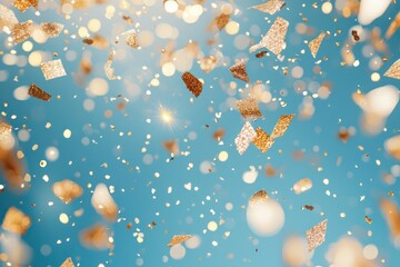 Falling confetti and golden light particles on a blue background.