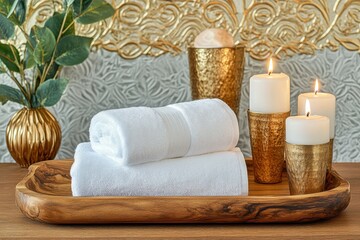 Elegant Spa Arrangement with Candles, Towels, and Decorative Pots