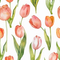 Seamless pattern watercolor colorful tulips drawing abstract illustration on white background
